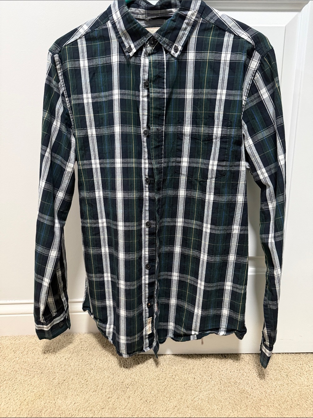 Men's Green and Navy Plaid Button-Down Shirt